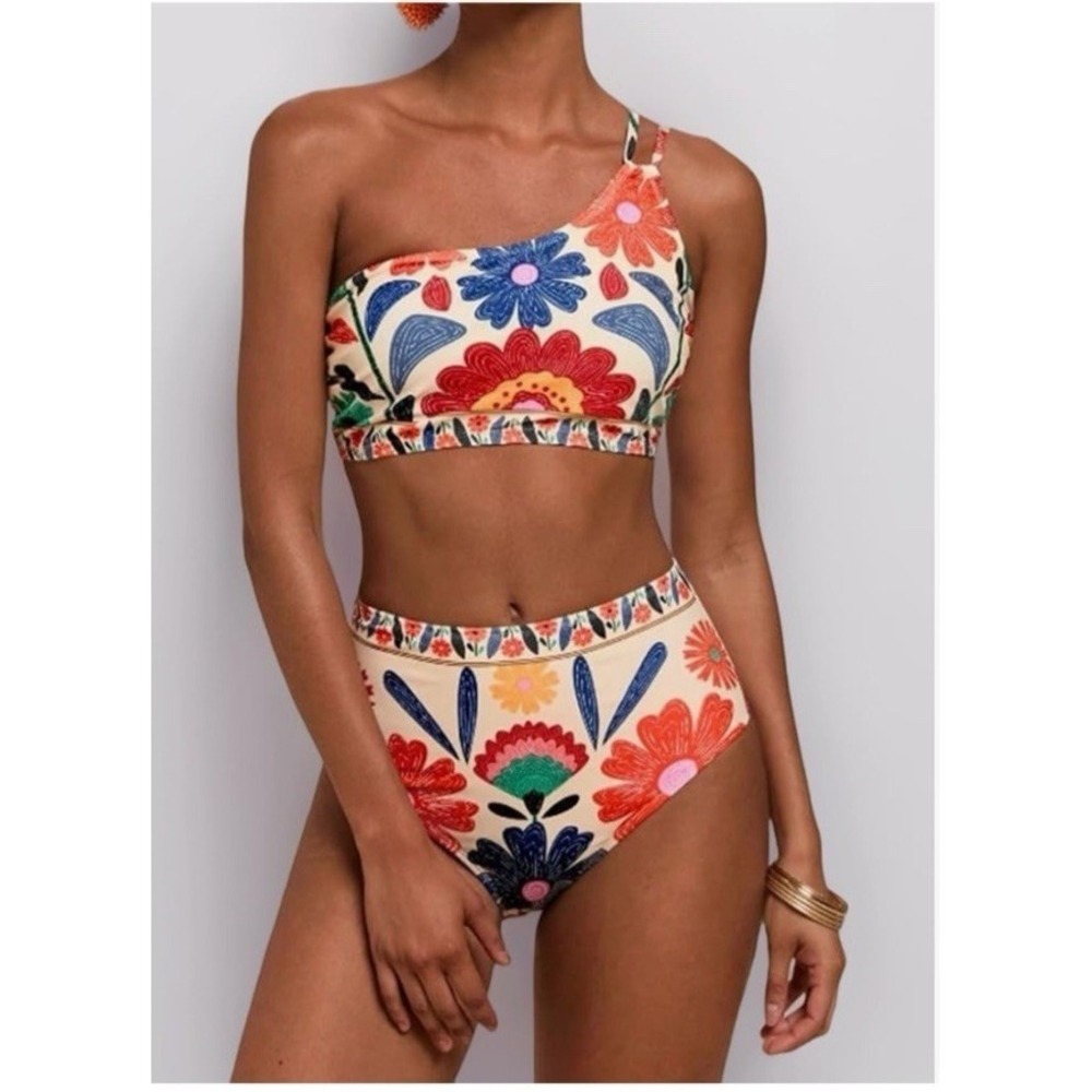 Ponozon Size Medium Floral Padded One Shoulder High-Waisted Bikini Set Multi‎